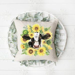 Throw Pillow Cover, Sunflower Cow, Spring, Summer
